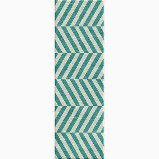 Handmade Stripe Pattern Blue/ Ivory Wool Area Rug (2.6x8)