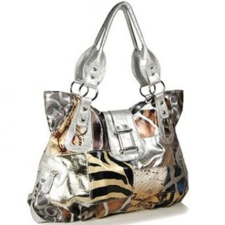 Roomy Animal Print Zebra Patchwork Shoulder Bag Purse (silver): Clothing