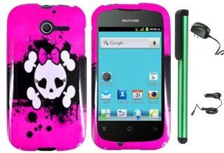 Huawei Ascend Y M866   Pink Black Heart Love Eye Cute Skull Premium Design Protector Hard Cover Case (U.S. Cellular) + Luxmo Brand Travel (Wall) Charger & Car Charger + Combination 1 of New Metal Stylus Touch Screen Pen (4" Height, Random Color  B