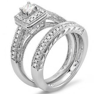 0.75 Carat (ctw) 14k White Gold Princess & Round Diamond Ladies Bridal Ring Set Halo Style Set 3/4 CT: Jewelry