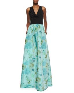 Womens Sleeveless Cowl Neck Gown with Floral Skirt, Black/Turquoise/Green  
