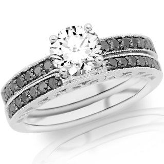 1.24 Carat Round Cut/Shape 14K White Gold Pave Set Black Diamond Engagement Ring and Wedding Band Set ( J K Color , VS2 Clarity ): Jewelry
