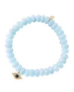 8mm Faceted Aquamarine Beaded Bracelet with 14k Yellow Gold/Diamond Small Evil