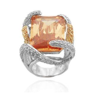 Very Large Sterling Silver 925 Rectangle Citrine & Clear CZ Stones Cocktail Ring: Jewelry