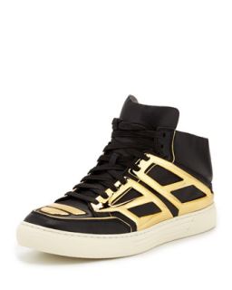 Mens Leather & Metallic Plate High Top Sneaker, Black/Gold   Alejandro Ingelmo