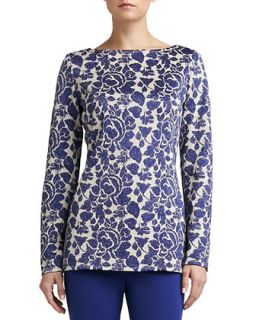 Womens Metallic Floral Jacquard Knit Bateau Neck Tunic with Side Slits   St.