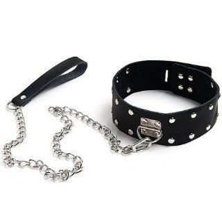 1pc Leather Locking Rivet Neck Harness Bondage Kits Collar Restraint with Chain Leash J1199 (Free Shipping): Health & Personal Care