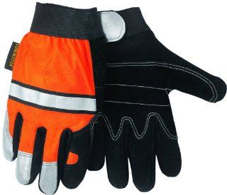 MCR Safety 911DPL Luminator Split Cow Double Leather Palm High Visibility Multi Task Gloves with 3M Reflective Tape, Orange/Black, Large, 1 Pair   Work Gloves  
