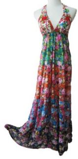 Boho Maxi 5 tier garden floral grecian halter tie hippie party beach dress at  Womens Clothing store: Bohemian Boho Hippie Maxi Dresses