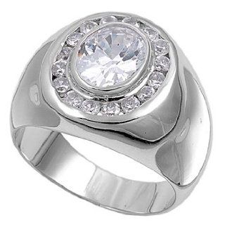 Designer Round Oval CZ Men's Ring 19MM Sterling Silver 925 Size 9: Jewelry
