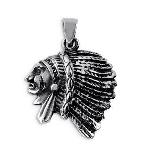925 Sterling Silver American Indian Chief Head Pendant: Jewelry