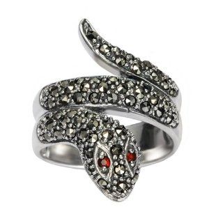Chuvora .925 Sterling Silver 28mm long Genuine Marcasite Wrap Around Snake w/ Red Garnet Eyes Ring for Women Size 9   Nickle Free: Chuvora: Jewelry