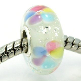 Pro Jewelry .925 Sterling Silver Glass "Multicolor Pastel Flowers w/ Crystal Encased in Glass" Charm Bead for Snake Chain Charm Bracelets 5132: Jewelry