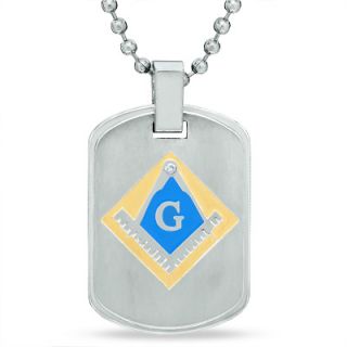 Mens Diamond Accent Masonic Dog Tag Pendant in Stainless Steel