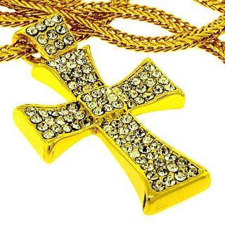 Small Gold look Hip Hop Bling White Iced Out Cross Pendant with 24 inch Chain Pendant Necklaces Jewelry