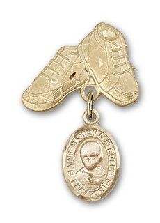 JewelsObsession's 14K Gold Baby Badge with St. Maximilian Kolbe Charm and Baby Boots Pin: Jewels Obsession: Jewelry