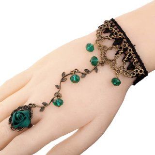 Yazilind Lolita Green Rose Branch Shape Crystal Metal Black Lace Slave Bracelets with Ring: Jewelry