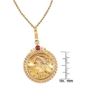 $10 Liberty Gold Piece Eagle Coin in 14k Gold Twisted Rope Bezel w/Ruby (24"   14k Gold Rope Chain): Jewelry