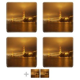 San Francisco Golden Gate Bridge Night Time Square Coaster (6 Piece) Set Fabric Rubber 5 1/8 Inch (130mm) Size Coaster Cup Mug Can Water Bottle Drink Coasters Stain Resistance Collector Kit Kitchen Table Top Desk: Kitchen & Dining
