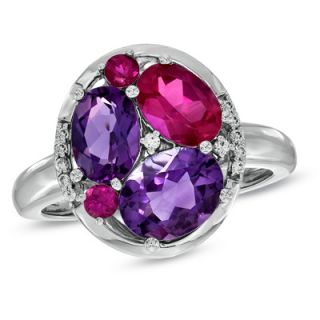 Oval Amethyst, Lab Created Ruby and White Sapphire Ring in Sterling