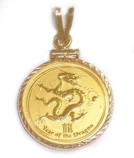 14kt Gold Diamond Cut Pendant with 22kt 1/10 Dragon Coin: Jewelry