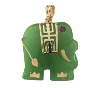 Green Jade Small Lucky Elephant Pendant with Ruby Eye, 14k Gold: Jewelry