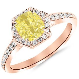 1.8 Carat Hexagon Halo Diamond Engagement Ring 14K Gold with a 1.5 Carat Cushion Cut AAA Quality Yellow Diamond (Heirloom Quality): Houston Diamond District: Jewelry