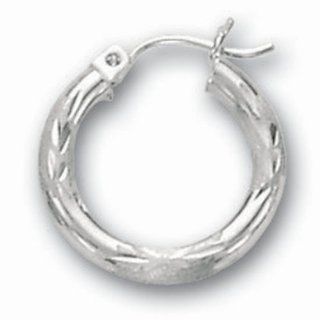 14K White Gold 3X15mm Polish Diamond Cut Round Tube Hoop Earring: Jewelry