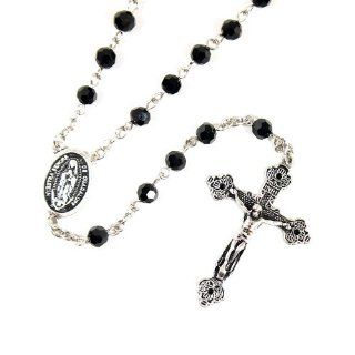 Catholic Crystal Glass Bead Silver Rosary   Black: Health & Personal Care
