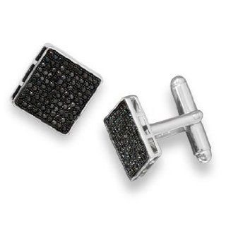 Micro Pave Black Diamond Cubic Zirconia Cuff Links Rhodium on Sterling Silver   Nontarnish: Jewelry