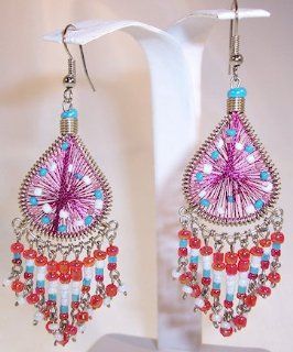 Red, Woven String Teardrop Dangle Earrings with White and Blue Beads: Jewelry