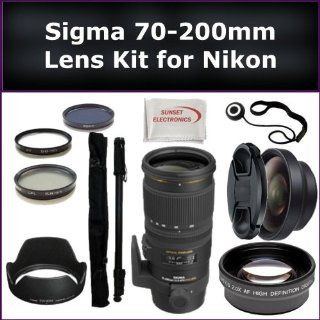 Sigma 70 200mm f/2.8 EX DG APO OS HSM Lens Kit for Nikon D90, D300s, D7000, D700 Digital SLR Cameras. Also Includes: 0.45X Wide Angle Lens, 2X Telephoto Lens, Lens Cap, Lens Hood, Lens Cap Keeper, Monopod, 3 Piece Filter Kit (UV FLD CPL), Monopod and Micro