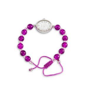 Ladies Purple White Bead Adjustable Silver Tone Watch: Watches