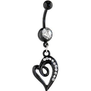 Bioplast Black Swirl Gem Heart Dangle Belly Ring Body Piercing Rings Jewelry