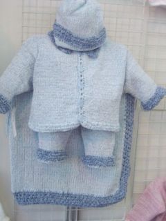 Cpk75bdbk, Knitted on Hand Knitting Machine Then Finished By Hand Crochet Infant Boys Outfit, Containing Blue Chenille Denim Chenille Trim Cardigan Sweater, Pant Hat Set with Matching Blanket: Clothing