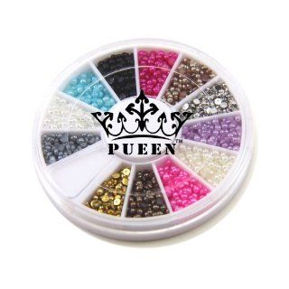 PUEEN 3D Nail Art Wheel of 2mm Round Hemisphere Pearls in 12 Different Colors Gold & Silver High Quality Studs Beads Approx 2000 Pcs : Nail Art Equipment : Beauty