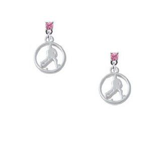 Field Hockey Player Silhouette in 1/2'' Disc Crystal Silver Post Earrings Crystal Color Rose: Delight & Co.: Jewelry
