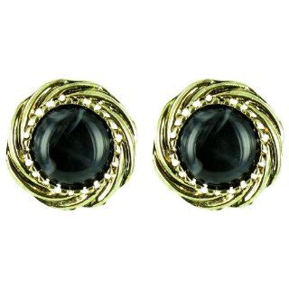 Black on Gold Plated Round Marble Effect Earrings: Jewelry