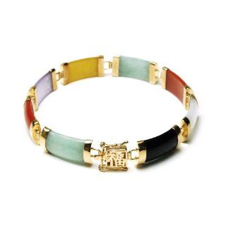 Gold Plated Sterling Silver Multi Color Chinese Jade Eight Section Tabular Bracelet with "Good Luck" Character Clasp, 7.5": Jewelry