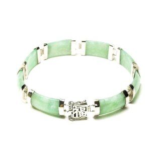 Sterling Silver Green Chinese Jade Eight Section Tabular Bracelet with "Good Luck" Character Clasp, 7.5": Jewelry