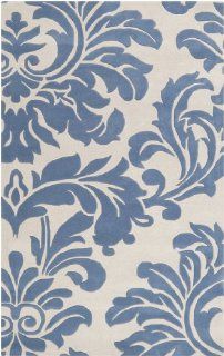 10' x 14' Falling Leaves Damask Slate Blue and Off White Wool Area Throw Rug   Hand Tufted Rugs