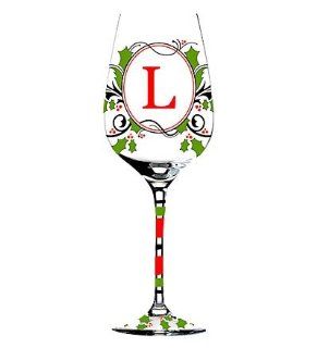 Hand Painted Monogrammed Holiday Wine Glass with Red and Green Holly in Letter L: Kitchen & Dining