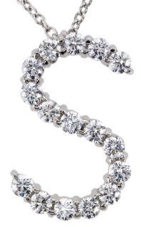18k White Gold Round Diamond Initial Pendant Necklace Letter S ( 0.54 cttw, E F color, VS1 VS2 clarity), 16": Jewelry