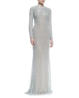 Womens Long Sleeve Sequined Gown, Silver   Carmen Marc Valvo   Silver (6)