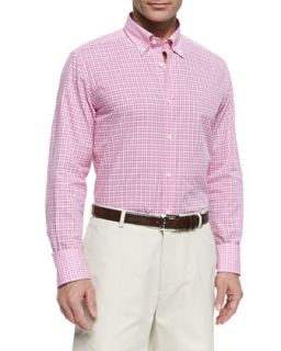 Mens Check Poplin Button Down Shirt, Pink   Pink (LARGE)
