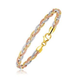 14K Tri Tone Gold Braided Design Multi Strand Mirror Spring Bracelet: Jewelry