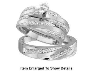 Stunning 3 Pc. White Gold 3/4 CTW. Genuine Diamond Bridal Set For Him and Her " Size 7 For Her and Size 10 For Him ": Wedding Ring Sets: Jewelry