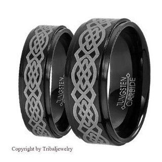 8MM Men & 6MM Women Black Tungsten Carbide Wedding Band Ring Set w/Laser Etched Celtic Design (Available Sizes 4 15 Including Half Sizes): Jewelry
