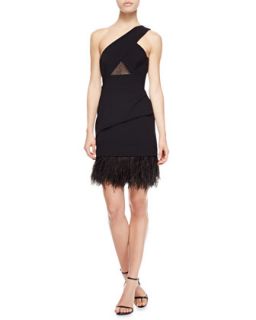 Womens One Shoulder Ostrich Feather Hem Dress   Paule Ka   Black (40)