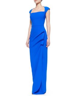 Womens Cap Sleeve Ruffle Side Column Gown, Blue   La Petite Robe di Chiara